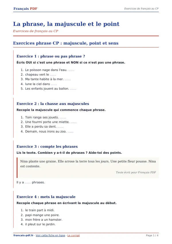 Exercices « La phrase, la majuscule et le point » en PDF