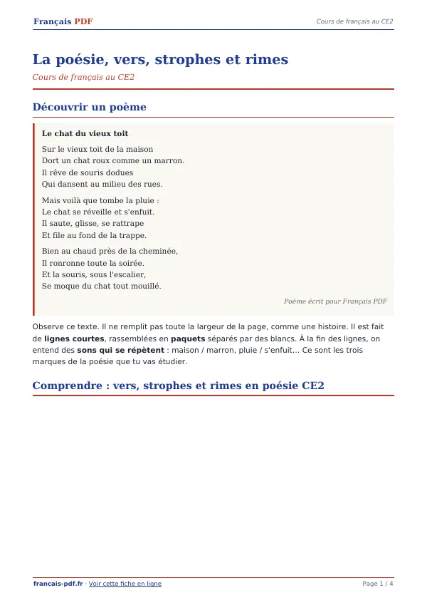 Cours « La poésie, vers, strophes et rimes » en PDF
