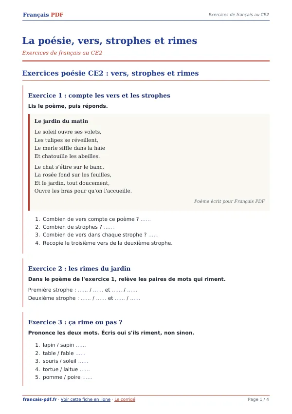 Exercices « La poésie, vers, strophes et rimes » en PDF