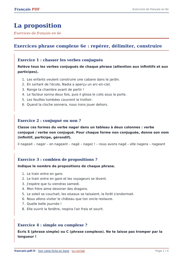 Exercices « La proposition » en PDF