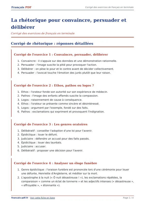 Corrigé « La rhétorique pour convaincre, persuader et délibérer » en PDF