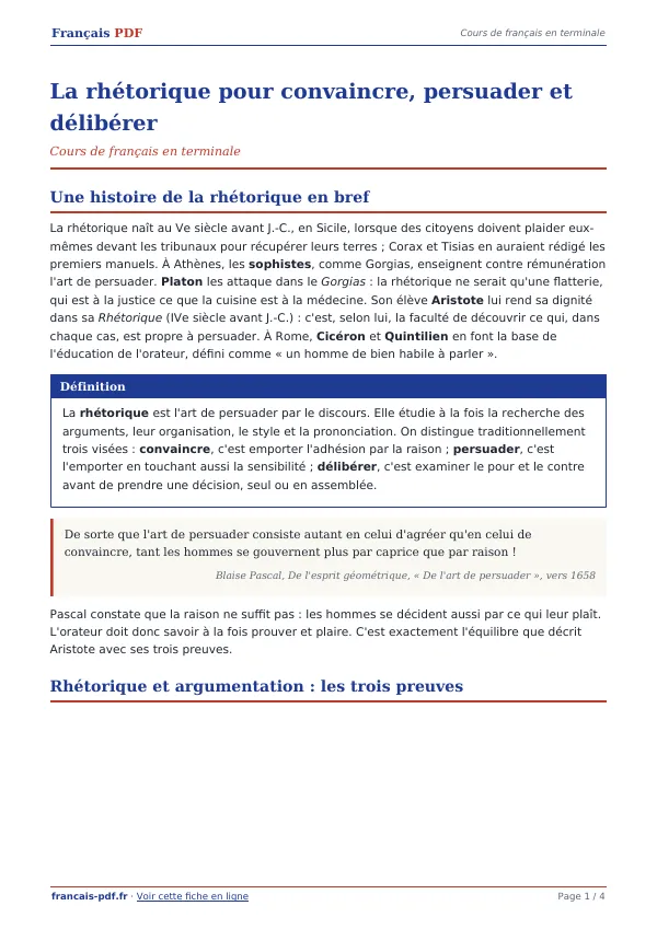 Cours « La rhétorique pour convaincre, persuader et délibérer » en PDF