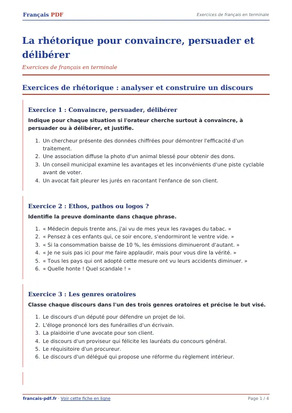 Exercices « La rhétorique pour convaincre, persuader et délibérer » en PDF
