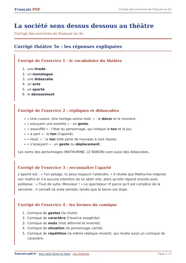 Corrigé « La société sens dessus dessous au théâtre » en PDF