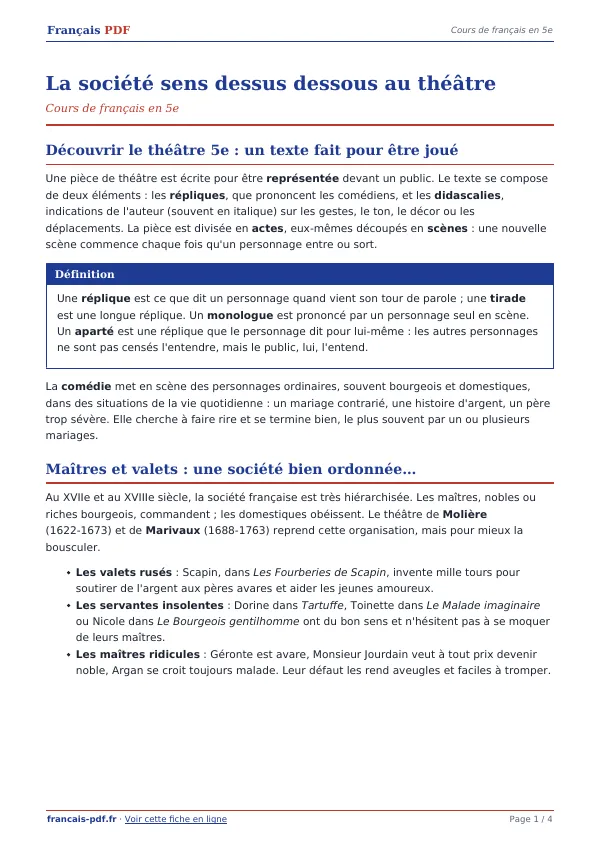 Cours « La société sens dessus dessous au théâtre » en PDF