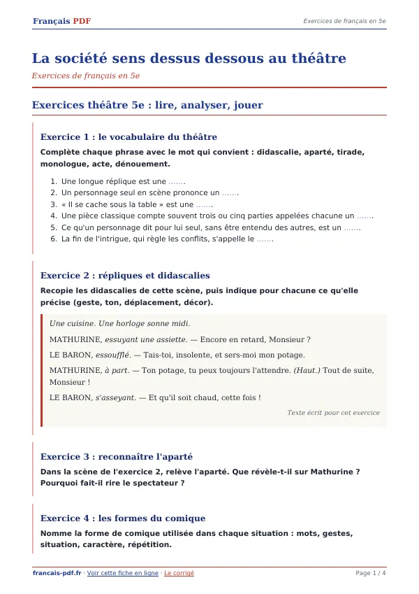 Exercices « La société sens dessus dessous au théâtre » en PDF