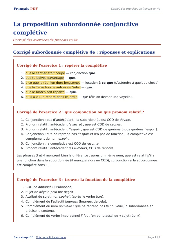 Corrigé « La proposition subordonnée conjonctive complétive » en PDF