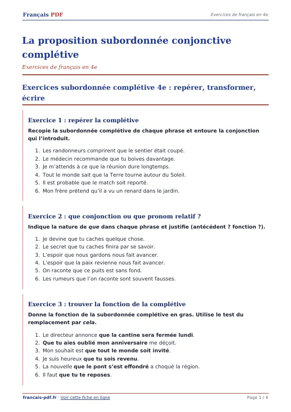 Exercices « La proposition subordonnée conjonctive complétive » en PDF