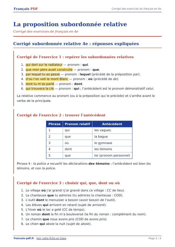 Corrigé « La proposition subordonnée relative » en PDF