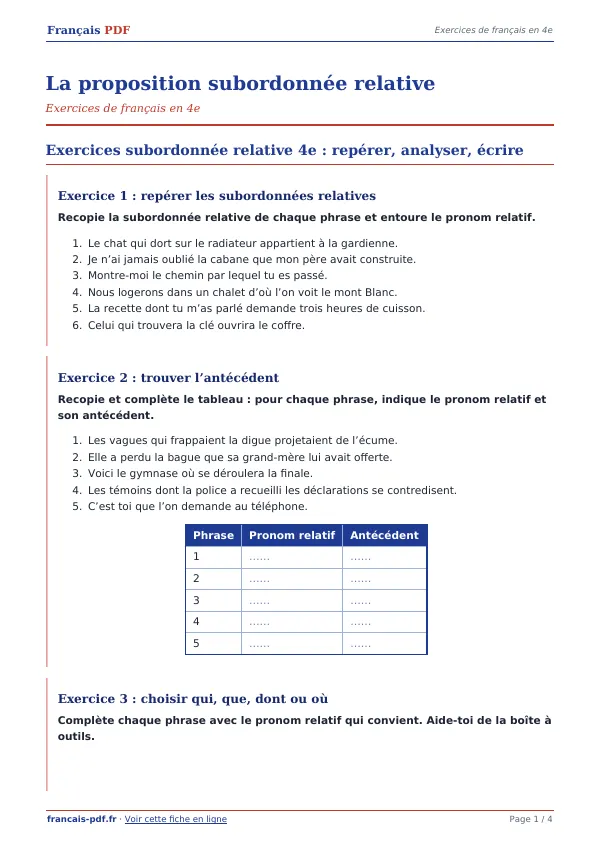 Exercices « La proposition subordonnée relative » en PDF