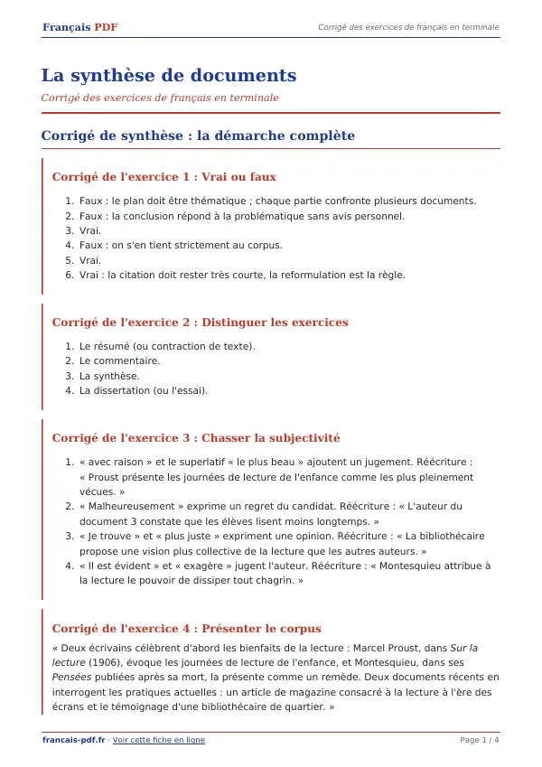 Corrigé « La synthèse de documents » en PDF