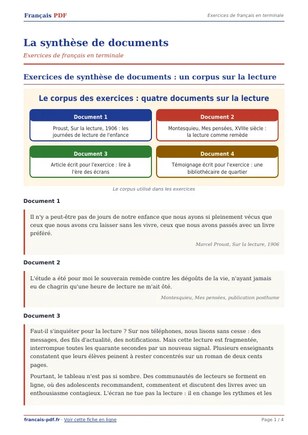 Exercices « La synthèse de documents » en PDF