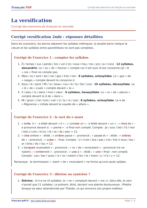 Corrigé « La versification » en PDF