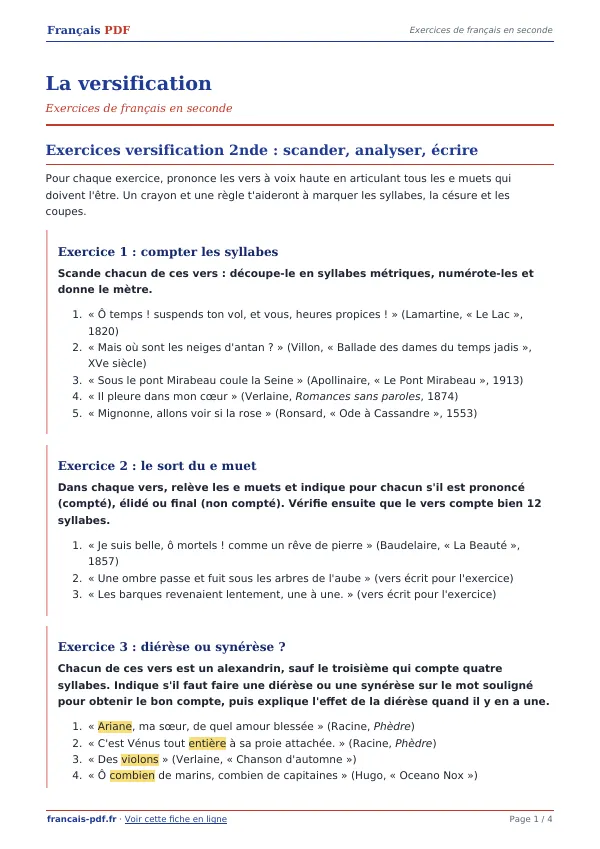 Exercices « La versification » en PDF