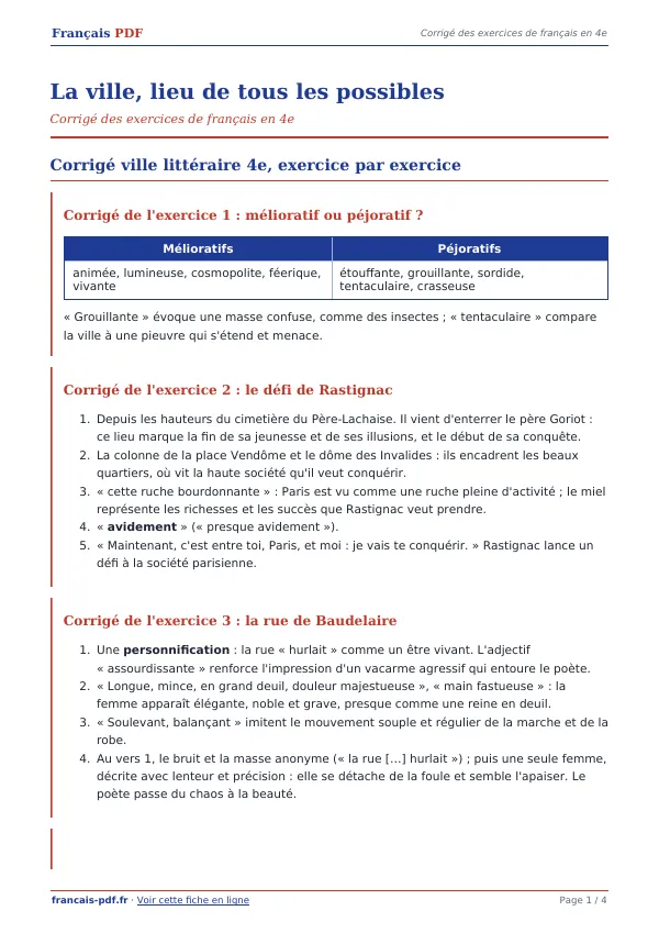 Corrigé « La ville, lieu de tous les possibles » en PDF