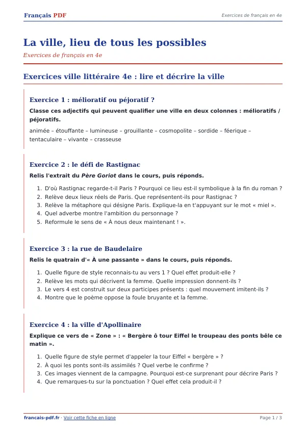 Exercices « La ville, lieu de tous les possibles » en PDF
