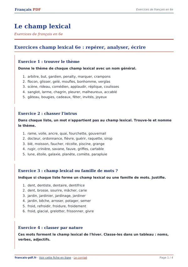 Exercices « Le champ lexical » en PDF