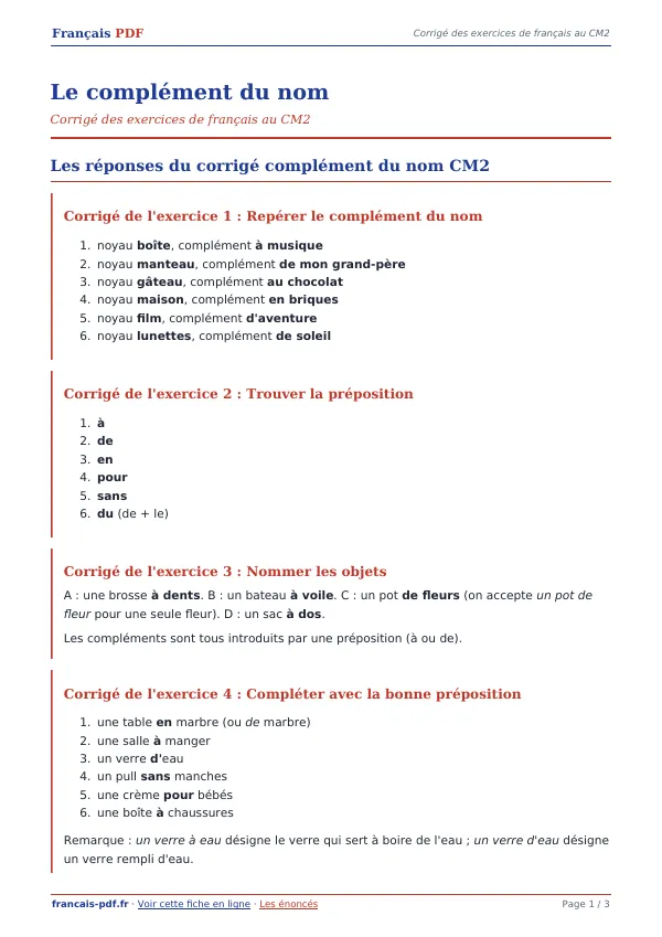 Corrigé « Le complément du nom » en PDF