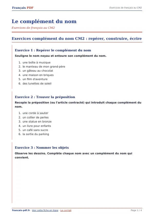 Exercices « Le complément du nom » en PDF