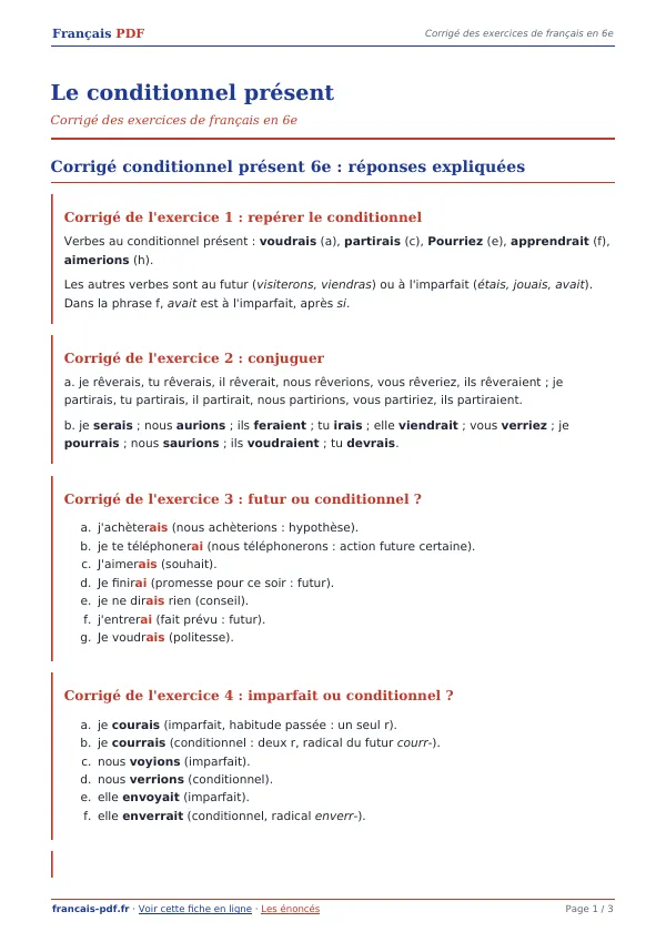 Corrigé « Le conditionnel présent » en PDF