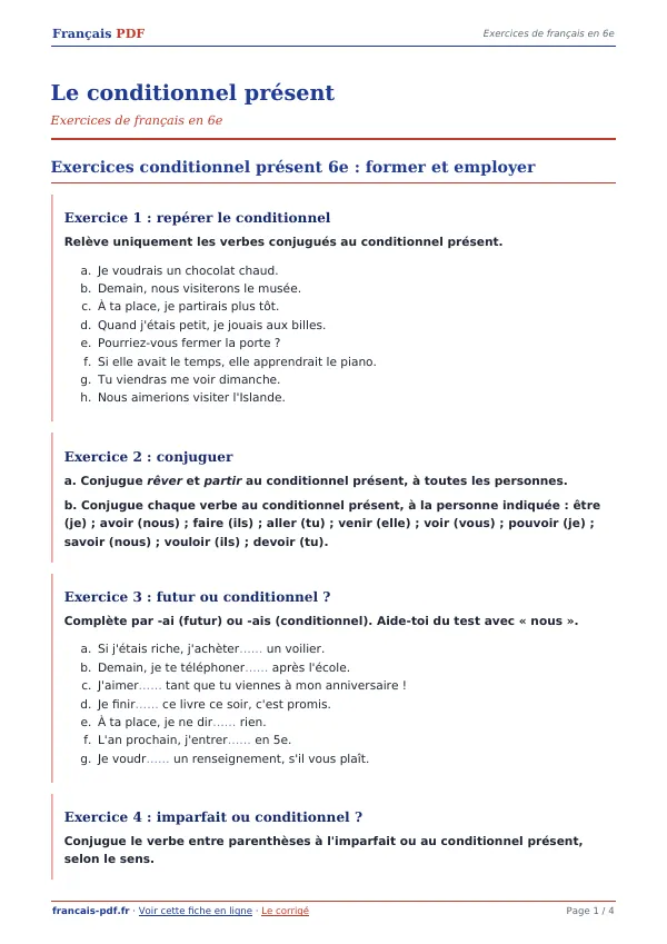 Exercices « Le conditionnel présent » en PDF