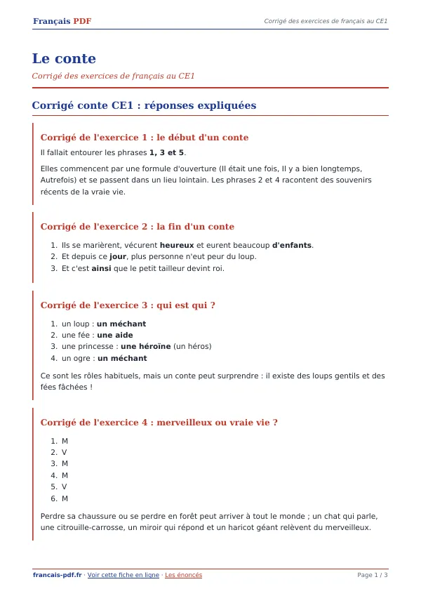 Corrigé « Le conte » en PDF