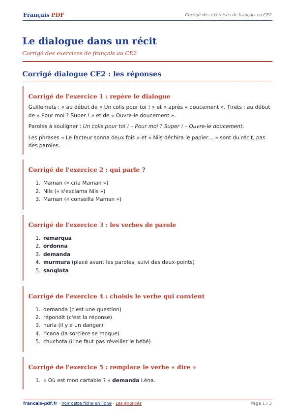 Corrigé « Le dialogue dans un récit » en PDF