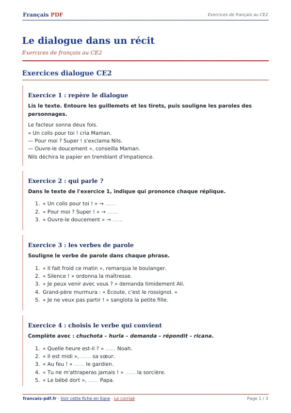 Exercices « Le dialogue dans un récit » en PDF