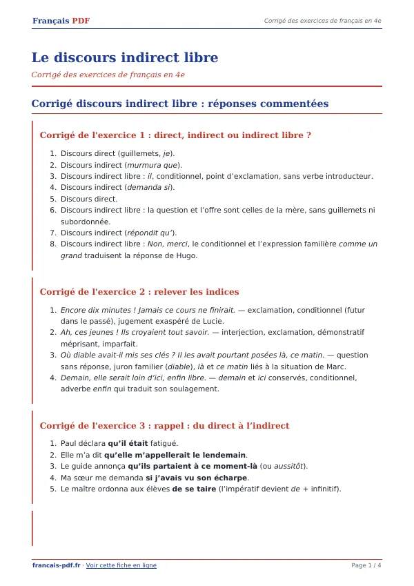 Corrigé « Le discours indirect libre » en PDF
