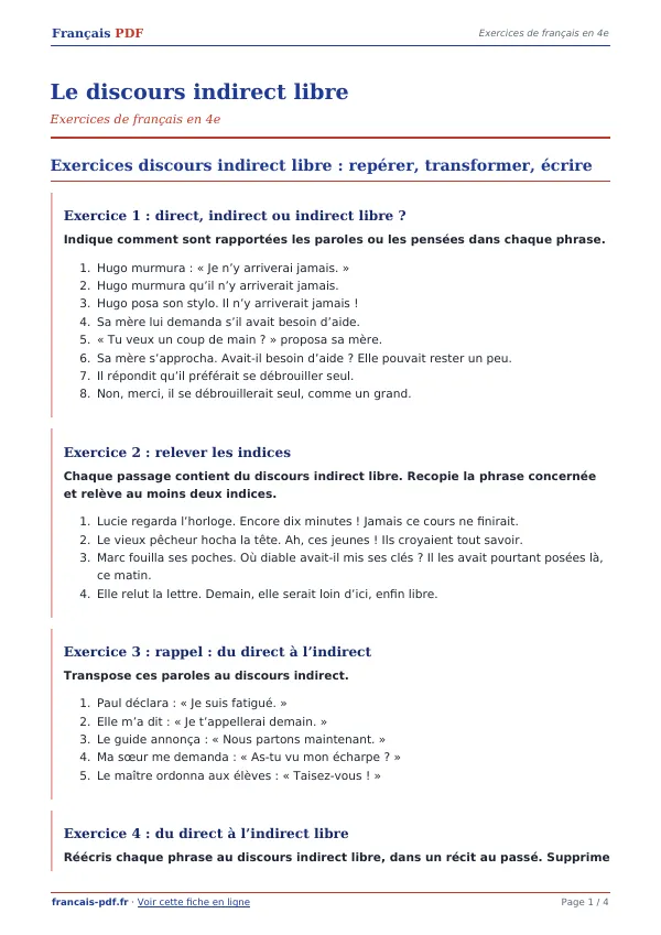 Exercices « Le discours indirect libre » en PDF