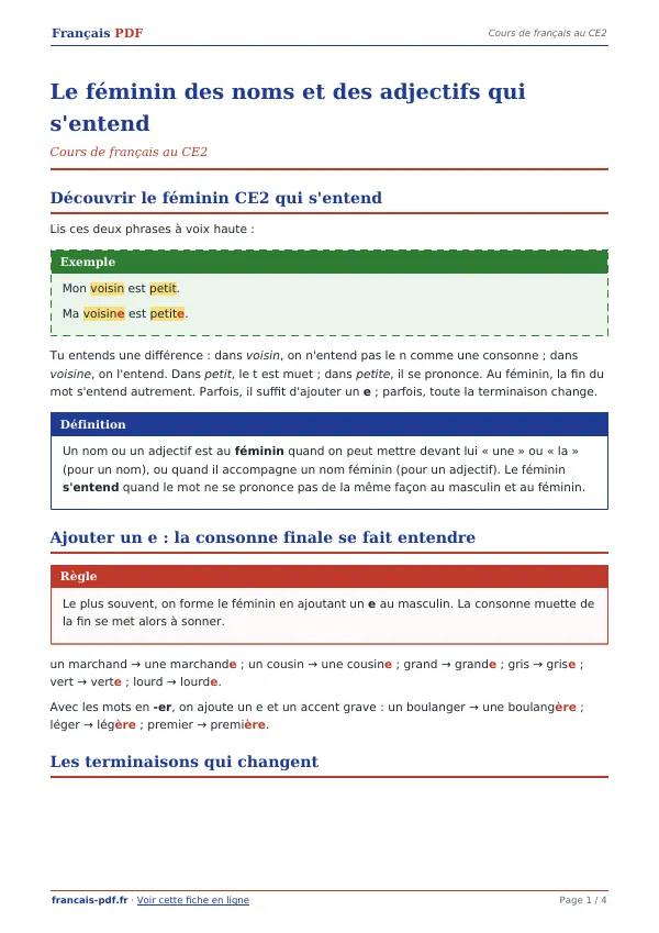 Cours « Le féminin des noms et des adjectifs qui s’entend » en PDF