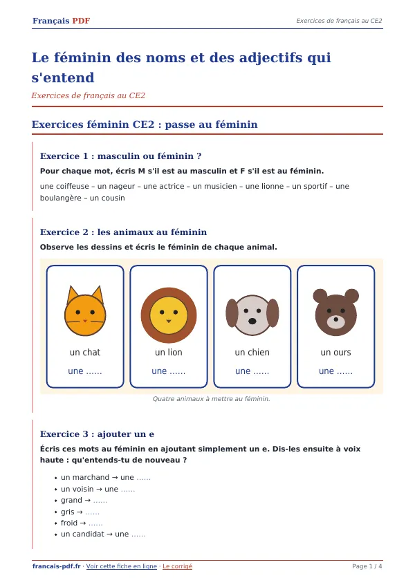 Exercices « Le féminin des noms et des adjectifs qui s’entend » en PDF