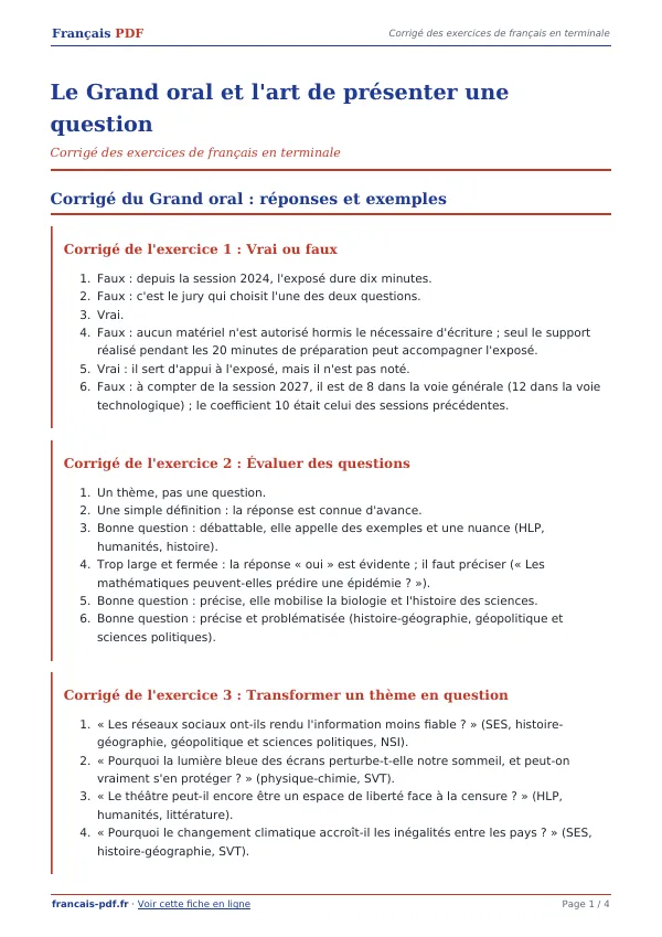 Corrigé « Le Grand oral et l’art de présenter une question » en PDF