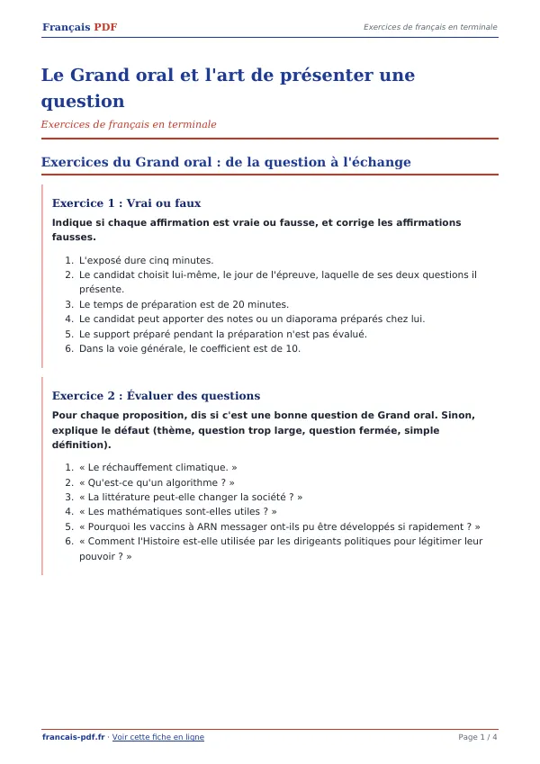 Exercices « Le Grand oral et l’art de présenter une question » en PDF