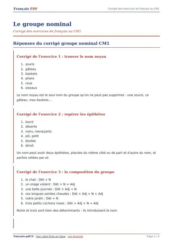 Corrigé « Le groupe nominal » en PDF