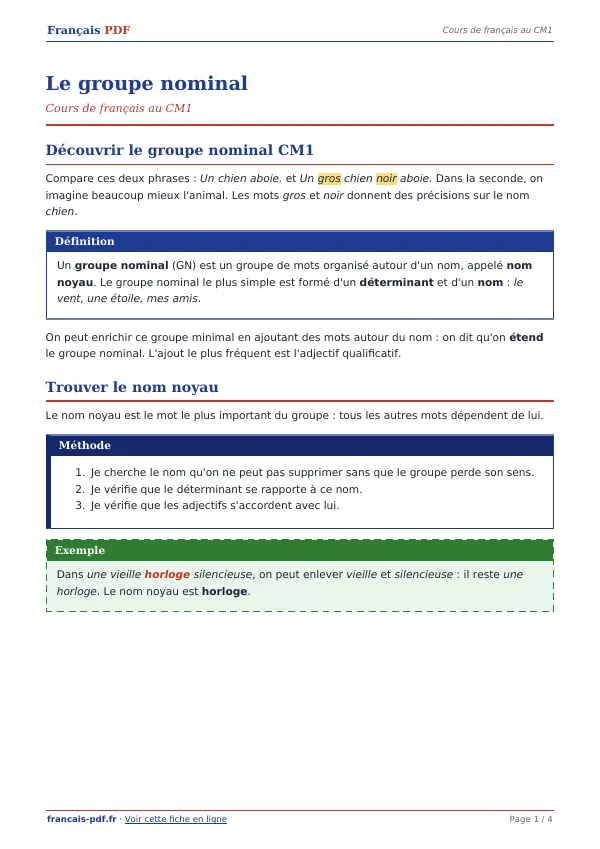 Cours « Le groupe nominal » en PDF