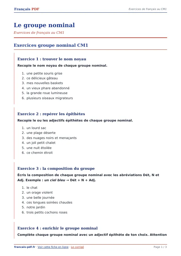Exercices « Le groupe nominal » en PDF