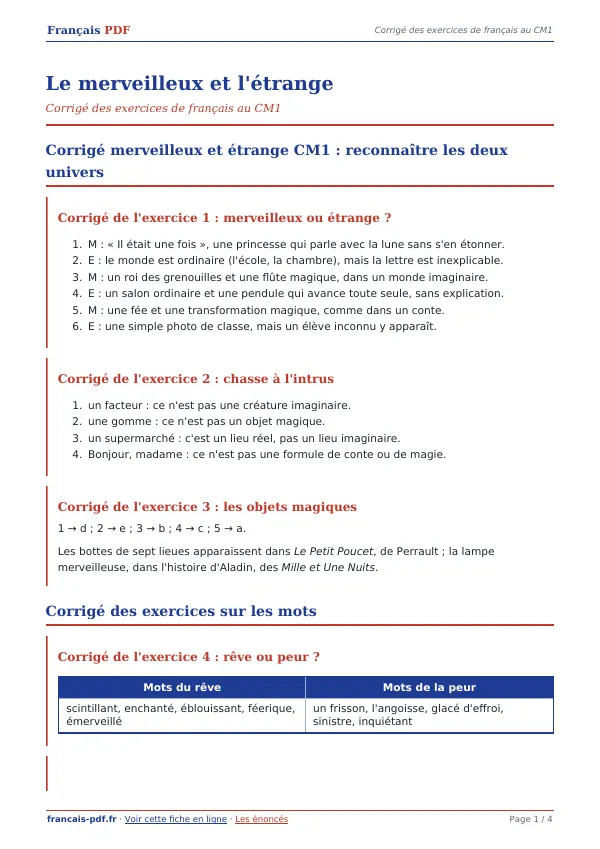 Corrigé « Le merveilleux et l’étrange » en PDF
