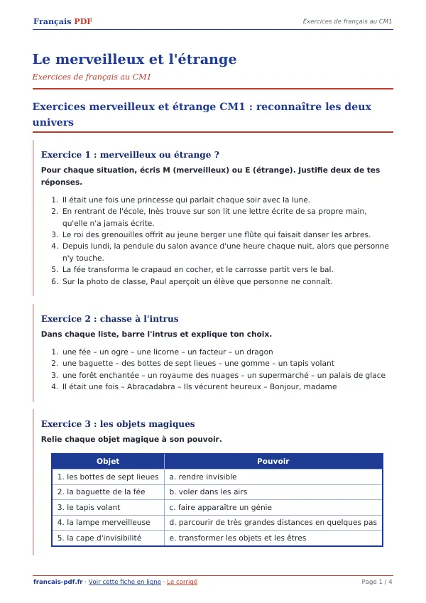 Exercices « Le merveilleux et l’étrange » en PDF