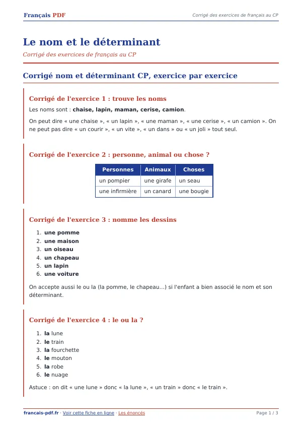 Corrigé « Le nom et le déterminant » en PDF