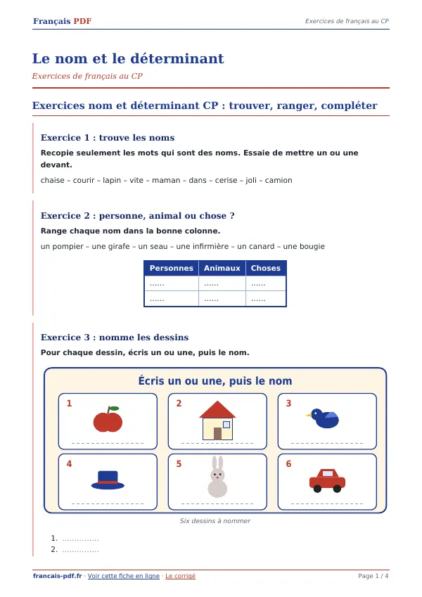 Exercices « Le nom et le déterminant » en PDF