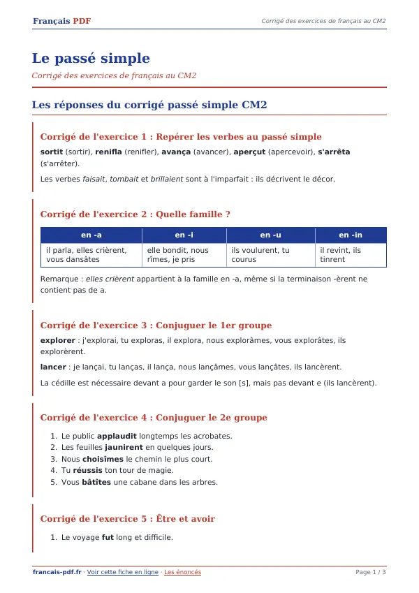 Corrigé « Le passé simple » en PDF