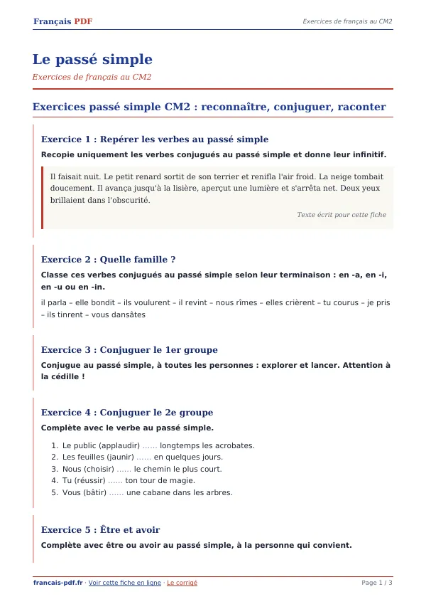 Exercices « Le passé simple » en PDF