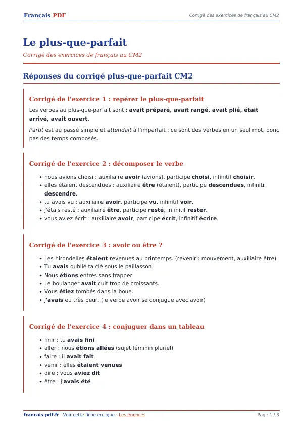 Corrigé « Le plus-que-parfait » en PDF