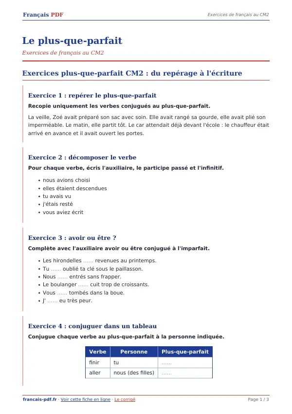 Exercices « Le plus-que-parfait » en PDF
