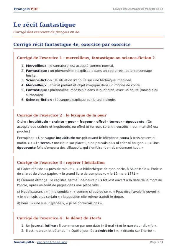 Corrigé « Le récit fantastique » en PDF