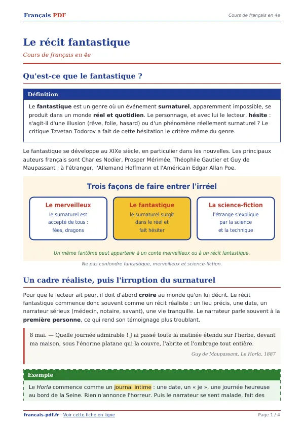Cours « Le récit fantastique » en PDF
