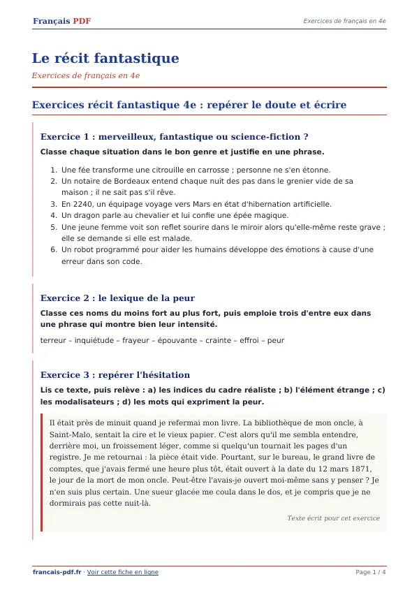 Exercices « Le récit fantastique » en PDF