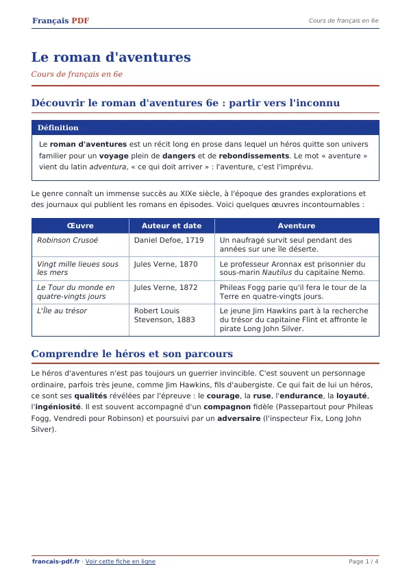 Cours « Le roman d’aventures » en PDF