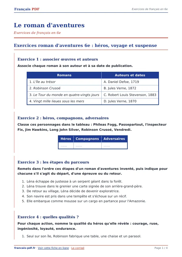 Exercices « Le roman d’aventures » en PDF
